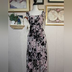 Connected Apparel Pink and Black Floral Midi Dress